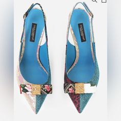 Colour: Multi-Colour Patchwork Jacquard Fabric And Glitter Bow Embellished With Dg Logo Buckle Strap Closure Fabric-Covered Heel Heel Height 90mm/ 3.5" Kidskin Insole And Lining With Branded Label Smooth Leather Sole With Logo Made In Italy Product Designer Blue Slingback Pumps With Pointed Toe, Blue Pointed Toe Slingback Pumps Luxury, Luxury Blue Pointed Toe Slingback Pumps, Designer Blue Slingback Pumps For Evening, Shoes Dolce Gabbana, Dg Logo, Dolce Gabbana Shoes, Chic Shoes, Glitter Bow