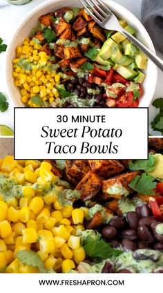 a bowl filled with black beans, corn and avocado next to a fork