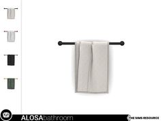 the towel rack has five different colored towels hanging from it's black metal bar