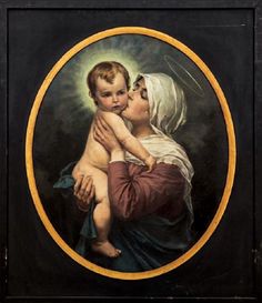 a painting of a woman holding a child in her lap and wearing a headscarf