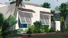 an artist's rendering of a white building with shutters and palm trees in the foreground