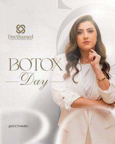 a woman standing in front of a white background with the words botox day on it