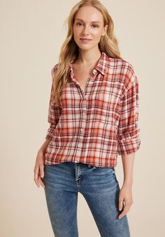 Maurices Plaid, Gauze Fabric, Button Down Collar, Top Shoes, Type 3, Button Up Shirt, New Shop, Matching Sets, Button Up Shirts