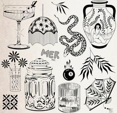 an assortment of decorative items including vases, jars and other things that are hand drawn