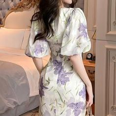 Lilac Lavender Floral Midi Dress Elegant Midi Dress With Floral Print, Elegant Mid-length Floral Dress For Brunch, Chic Purple Floral Dress, Elegant Purple Floral Print Dress, Knee-length Floral Dress For Spring Formal, Formal Knee-length Spring Floral Dress, Elegant Purple Spring Dress, Lavender Knee-length Dress, Chic Lavender Knee-length Midi Dress