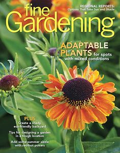 the cover of fine gardening magazine with orange and yellow flowers in bloom on green leaves