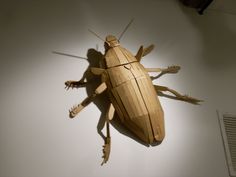 a wooden insect mounted on the wall