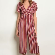 Stripes Jumpsuit With Back Bow Tie For A Cute Fashionable Style Model Is Wearing A Size 2 (Small) - Length: 49" Bust: 32" High Waist: 28" Inseam: 19" Medium Size 4 - Waist 30" Large Size 8 Waist 32" Striped Fitted Short Sleeve Jumpsuits And Rompers, Striped Fitted Jumpsuit With Short Sleeves, Bow Jumpsuit, Teal Jumpsuit, Olive Leggings, Olive Jumpsuit, Trendy Jumpsuit, Plus Jumpsuit, Floral Skater Dress