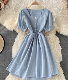 Trendy Blue Solid Color Dress, Trendy Solid Blue Dress, Trendy Solid Color A-line Mini Dress, Chic Light Blue Solid Color Dress, Light Blue A-line Summer Dress, Light Blue Mid-length Summer Dress, Light Blue Solid Color Summer Dress, Trendy Blue Dress, Trendy Blue A-line Dresses