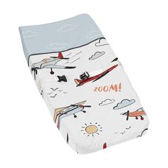 a baby sleeping bag with airplanes and clouds printed on the front, along with words zoom