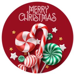 a merry christmas card with candy canes and candies on a red circle background