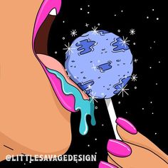 a woman with pink nails eating a blue and white lollipop in space,