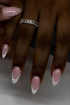 nude french tip with pearls French Manicure Acrylic Nails Almond, Pearl Nail Designs Classy, Birthday Nails Pearls, French With Pearl Nails, Almond Pearl French Tip Nails, Almond French With Pearls, Birthday Nail Ideas Almond, Almond French Tip With Pearls, Pearl Prom Nails