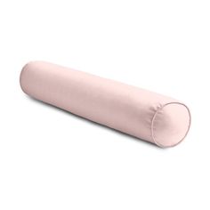 the pink pillow is laying on top of it's back and has a long, curved