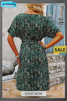 Printed Tie Belt Round Neck Dress Casual Green Mid-length Mini Dress, Casual Mid-length Green Mini Dress, Casual V-neck Belted Mini Dress, Multicolor Belted Knee-length Dress, Fall Non-stretch Short Sleeve Dresses, Non-stretch Short Sleeve Fall Dresses, Non-stretch Short Sleeve Dresses For Fall, Green Midi Dress With Tie Waist And Surplice Neckline, Green Shift Mini Dress With Short Sleeves