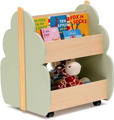 a wooden toy book stand with books in it