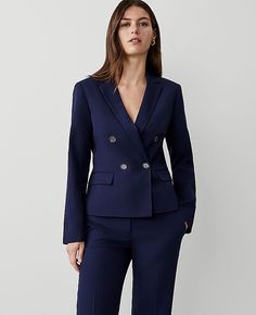 For effortless style and everyday elegance, our double breasted blazer is the perfect style to add to your closet. Notched lapel. Long button-open sleeves allow for versatility in styling. Double breasted button front. Front flap besom pockets. Back vent. Lined,Hit:Hits at waist,Imported:Imported,Fit:Tailored fit,Length:23" long,Fabrication:Shell: 73% Polyester, 24% Rayon, 3% Spandex; Lining: 100% Polyester,Garment Care:Machine Washable The Shorter Tailored Double Breasted Blazer in Textured Dra Navy Suit Women, Graduation Suits For Women, Petite Suits, Graduation Suits, Petite Shorts, Suits For Sale, Tailored Blazer, New Fashion Trends, Double Breasted Blazer