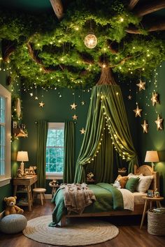 a bedroom decorated in green and white with stars on the ceiling