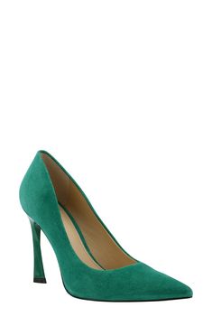 A tall, tapered heel and pointy toe balance a strikingly sleek pump with a smooth leather upper and cushy insole. 4" heel (size 8.5) Leather upper/synthetic lining and sole Imported Fitted High Heel Pumps With 4-inch Heel, Green Heels With Branded Heel Counter For Office, Green Office Heels With Branded Heel Counter, Green Pointed Toe Heels For Office, Chic Snip Toe Heels For Evening, Spring Snip Toe Heels, Chic Evening Heels With Snip Toe, Green Sculpted Heel Office Heels, Fitted Green Heels With 4-inch Heel