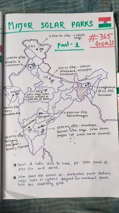 an open book with writing on it and pictures of the major solar parks in india