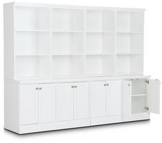 a white bookcase with doors and drawers