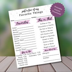 a printable favorite things list on a wooden table