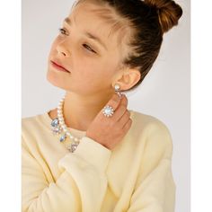 Set includes one kid's necklace, one pair of clip-on earrings and one ring: “pearl” necklace with three purple flower charms and three blue teardrop charms, purple teardrop and “pearl” clip-on earrings, and oversized pearl ring with surrounding “diamond” stones. Super Smalls' rings are all kids size 4 and adjustable (squeeze to tighten or pull apart slightly to loosen). *Small parts, not intended for children under 3 years. | Super Smalls | House Party "Pearl" Mega Set  |  Maisonette collects th Pearl Jewelry Set, Beautiful Angels Pictures, Jewelry Photoshoot, Pearl Jewelry Sets, Kids Necklace, Boy Accessories, One Ring, Purple Flower, Girls Jewelry