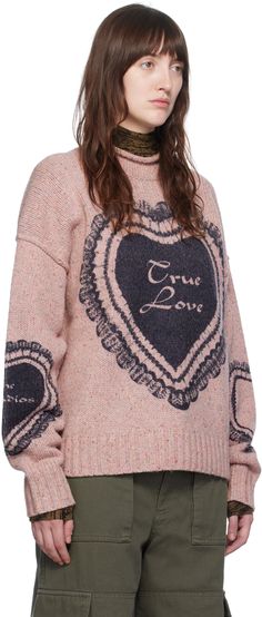 Relaxed-fit knit wool-blend sweater. · Rolled edge at mock neck · Graphic printed at front and sleeve · Rib knit hem and cuffs · Dropped shoulders · Logo graphic printed at sleeve Supplier color: Faded pink Acne Studios Sweater, Pull Rose, Chunky Knit Jumper, Wool Blend Sweater, Printed Sweater, Knit Jumper, Logo Graphic, Heart Print, Pink Sweater