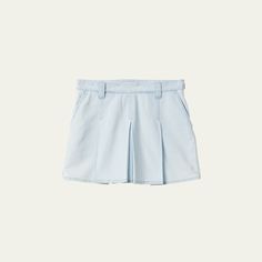 Miu Miu washed chambray skirt features large pleats and a sartorial logo label Mid waist Short length Flare fit Slash pockets Belt loops; side zip Cotton Made in Italy Miu Miu Cotton Bottoms For Spring, Miu Miu Cotton Bottoms For Summer, Summer Cotton Bottoms By Miu Miu, Daywear Skirted Bottoms With Pockets, Casual Cotton Miu Miu Bottoms, Miu Miu Spring Bottoms With Pockets, Classic Cotton Pleated Waist Skirt, Spring Casual Miu Miu Bottoms, Casual Miu Miu Bottoms With Pockets