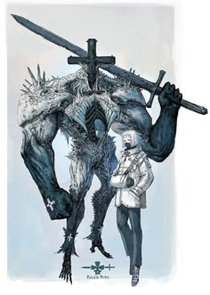 a man standing next to a giant monster holding a cross in his hand and another creature behind him