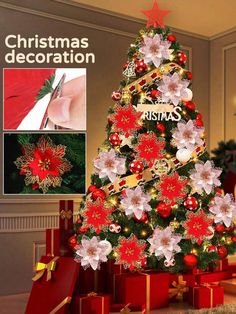 a christmas tree decorated with poinsettis and ornaments in red, white and gold