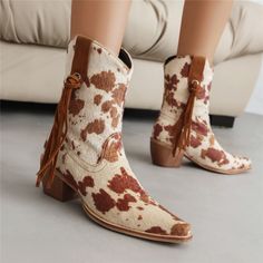 Shop Cow Printed Animal Printed Chunky Heels Cowboy Boots Tassel Women's Ankle Boots color Beige for Anniversary, Going out, Night Club, Party with worldwide Free shipping & Free return. Faux Cowhide, Boots Beige, Pointed Heels, Boot Types, Casual Heels, Leopard Pattern, Thick Heels, Womens Ankle Boots, Rubber Heels