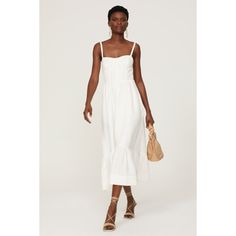 White linen blend (55% Linen, 45% Viscose). A-line. Sleeveless. V-neck. Side zipper closure. 54" from shoulder to hemline. Imported. Chic Sleeveless A-line Linen Dress, Linen A-line Midi Dress For Vacation, Unlined Linen Dress With Straight Neckline For Spring, Lined Linen Dresses For Daywear, Chic Unlined Linen Dresses, Chic A-line Linen Dress For Vacation, Lined Linen Spring Dresses, Fitted A-line Linen Dress For Vacation, Summer A-line Unlined Midi Dress