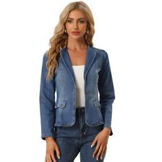 The denim blazer is a classic and stylish addition to any wardrobe. The lapel collar and one-button closure give it a sophisticated look that can be dressed up or down. This denim blazer can be styled in a variety of ways, making it perfect for wearing to work or for casual outings. It can be paired well with jeans, pants, skirts, and dresses. Spring Slim Fit Blazer With Button Closure, Classic Long Sleeve Denim Jacket With Double Button Closure, Denim Notch Lapel Outerwear With Button Closure, Denim Outerwear With Notch Lapel And Button Closure, Classic Medium Wash Blazer With Button Closure, Classic Denim Blue Blazer For Spring, Classic Denim Button-up Blazer, Classic Denim Blue Spring Blazer, Classic Single Breasted Denim Blazer