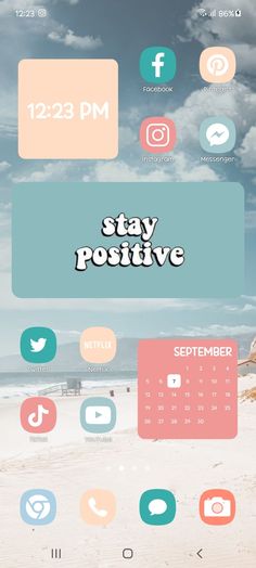 an image of a phone screen with the text stay positive on it and icons below