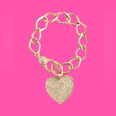 Gold Metal Large Link Chain, A Gold Pave Clasp And A Beautiful Gold Pave Heart Pendant Make Up This Glam Bracelet! Wear This Stunner Alone Or Mixed And Stacked With Other Queenbitter Pretties! Must Have Addition To You Wardrobe! And You Will Surely Get Tons Of Compliments! Bracelet Measures Approx. 71/2 Inches Heart Pendant Measures 1 Inch Handmade With Love In Nyc Gold Heart Bracelet For Party, Heart Charm Bracelet For Party, Elegant Heart-shaped Charm Bracelet For Party, Metal Charm Bracelet With Heart Charm For Party, Heart-shaped Chain Bracelet As A Gift, Valentine's Day Heart Bracelet With Chain, Elegant Heart-shaped Bracelet With Chain, Metal Heart Bracelet With Chain, Metal Heart Chain Bracelet For Valentine's Day