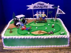 a golf themed birthday cake with people on the green and white course in the background