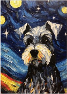 a painting of a black and white dog sitting in front of a night sky with stars