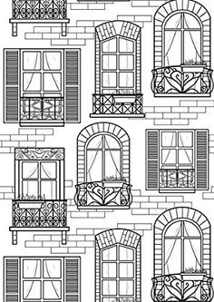 an image of windows and shutters on a brick wall in black and white stock illustration