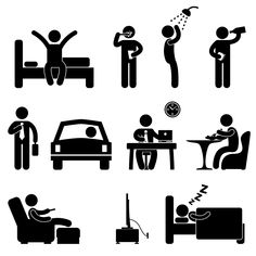 black and white pictograms of people in different positions, including a man sitting at