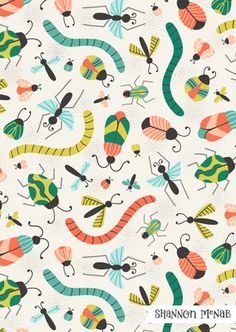 an image of colorful bugs and insects on white background with text that reads shannon menab