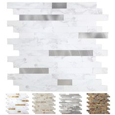 white marble tile with gold and silver accents on the sides, along with several different colors