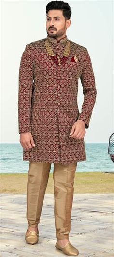 Red and Maroon color Sherwani in Banarasi Silk fabric with Embroidered, Thread work Reception Red Sherwani With Resham Embroidery, Red Sherwani With Traditional Drape For Reception, Red Sherwani For Reception With Traditional Drape, Red Sherwani With Resham Embroidery For Reception, Red Traditional Drape Sherwani For Reception, Bollywood Style Red Bandhgala With Resham Embroidery, Festive Red Sherwani With Resham Embroidery, Red Self Design Kurta For Wedding, Red Fitted Churidar For Formal Occasions