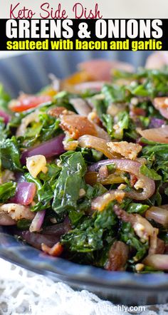 kale side dish with greens and onions served with bacon and garlic on a blue plate