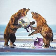 two bears are playing with a gum ball machine