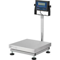 a digital scale with an electronic display on the front and back end, sitting on wheels