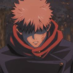 an anime character with red hair wearing a black coat and orange scarf over his head