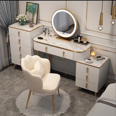 a white chair sitting in front of a vanity with a mirror on it's side