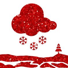 red snowflakes and trees are in the sky over a snowy landscape with hills