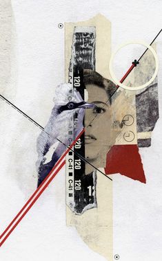 an abstract collage with a woman and a bird on it's face, surrounded by geometric shapes